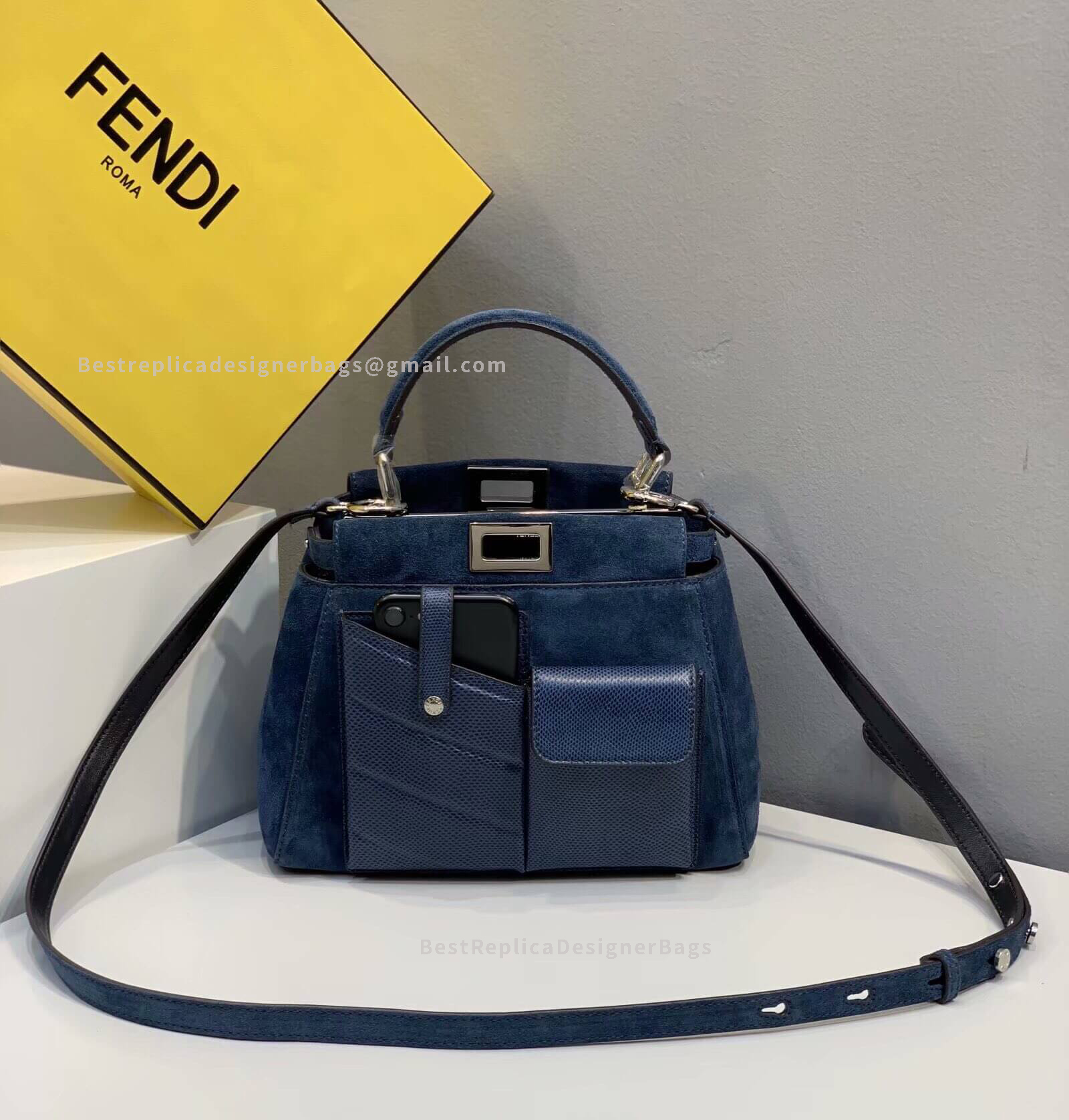 Fendi Peekaboo Iconic Mini Blue Suede Bag 2113BS